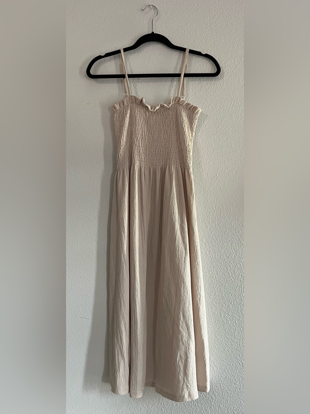 H&M Cream Smocked Midi Dress with Spaghetti Straps
